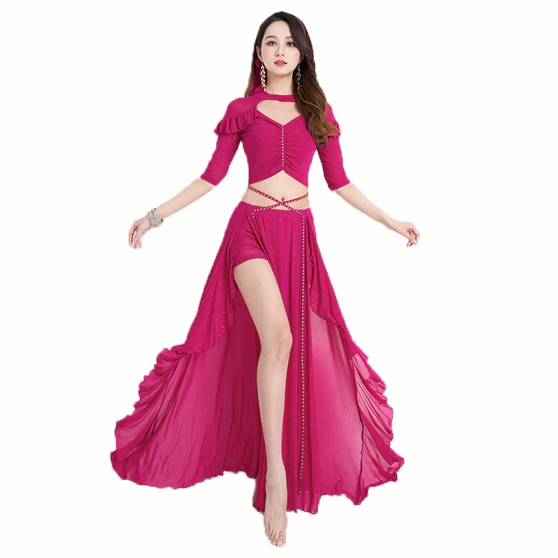 

Belly Dance Suit Top Short Sleeves Split Skirt Practice Elegant Performance Clothes Girl Oriental Dance Carnival Costume Suit