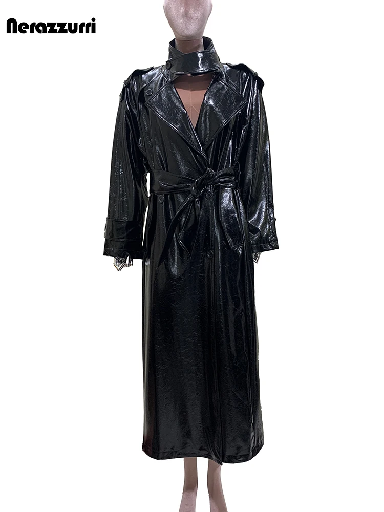Mauroicardi Autumn Extra Long Shiny Reflective Black Pu Leather Trench Coat for Women Double Breasted Loose Luxury Overcoat 2025