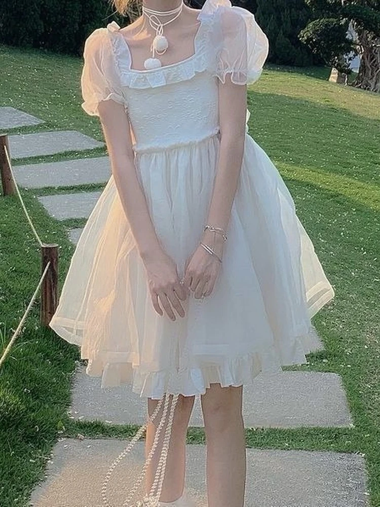 Vestido de hada Kawaii de malla para mujer, Vestido corto de Lolita con mangas abullonadas, volantes, Estilo Vintage, elegante, 2023