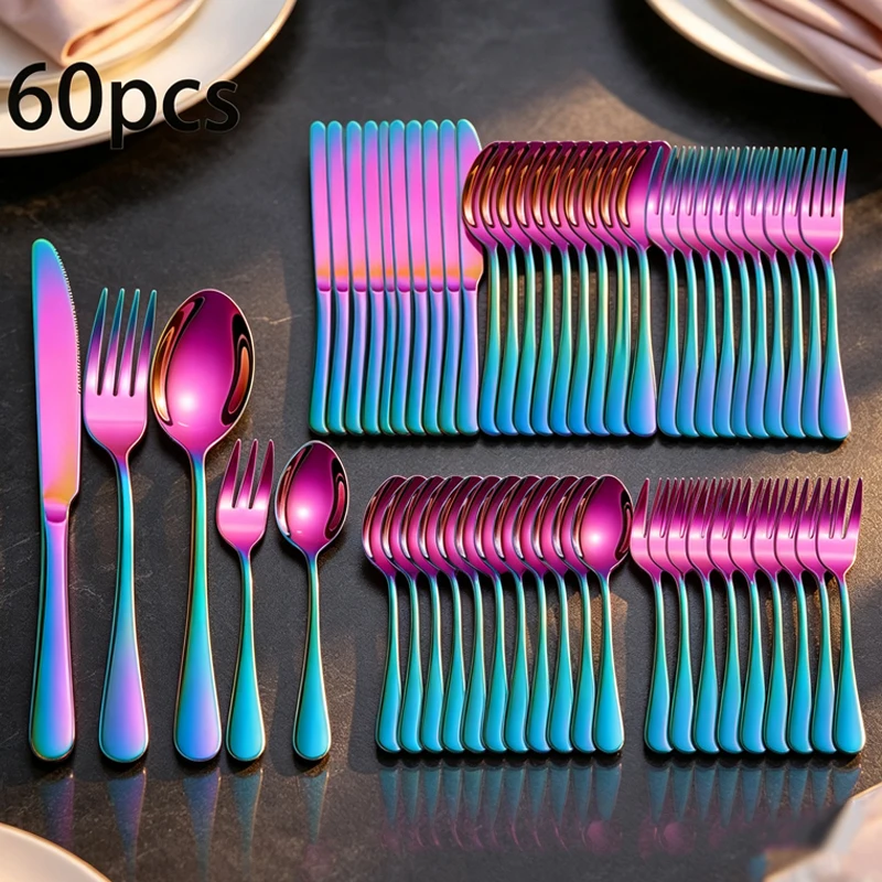 60pcs1010 series rainbow stainless steel tableware cutlery fork spoon high-end western tableware family hotel party.
