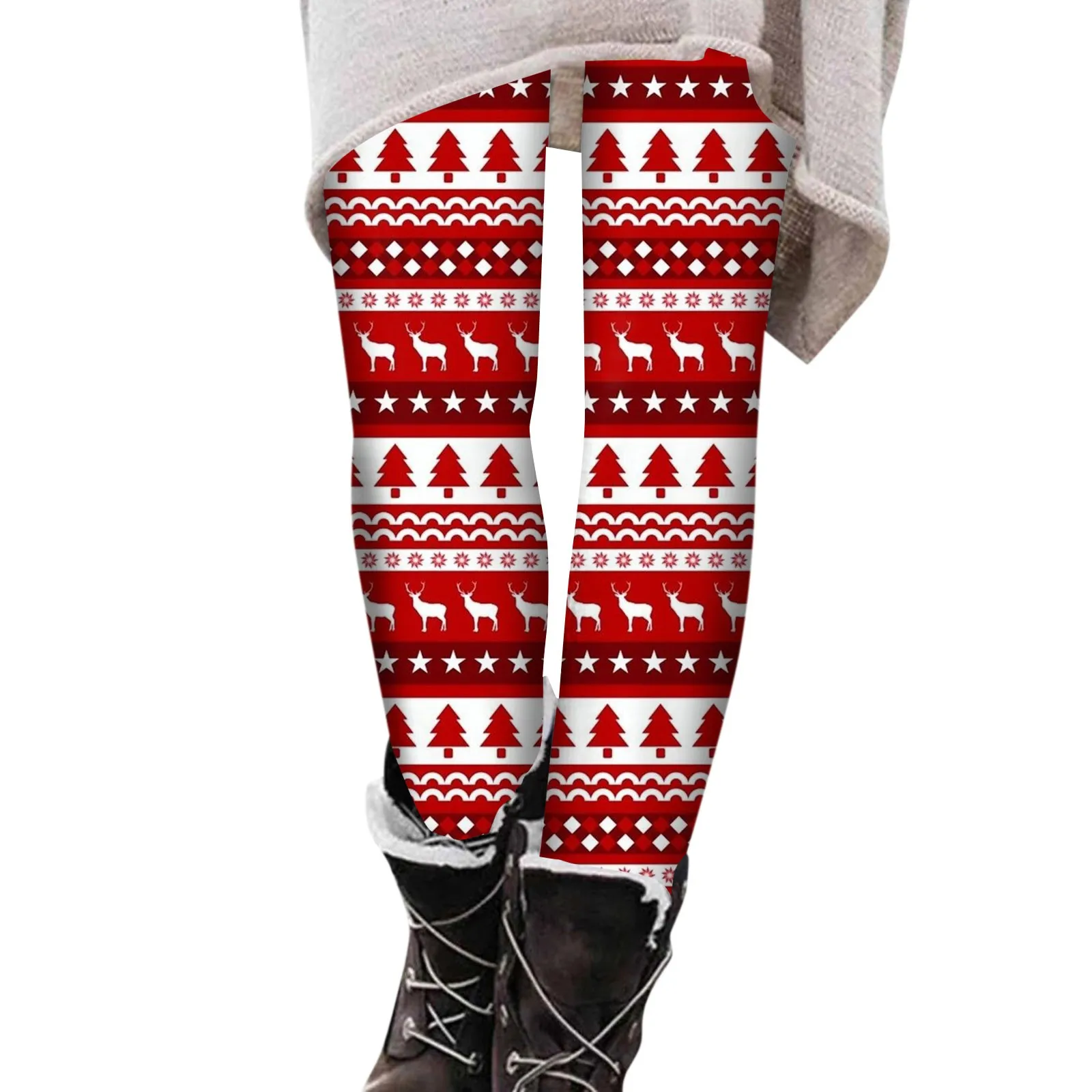 Lady Xmas Christmas Holiday Printed Santa Leggings Female White Snow Elk Deer Patten Striped Pants Slim Fitted Pencil Leggings