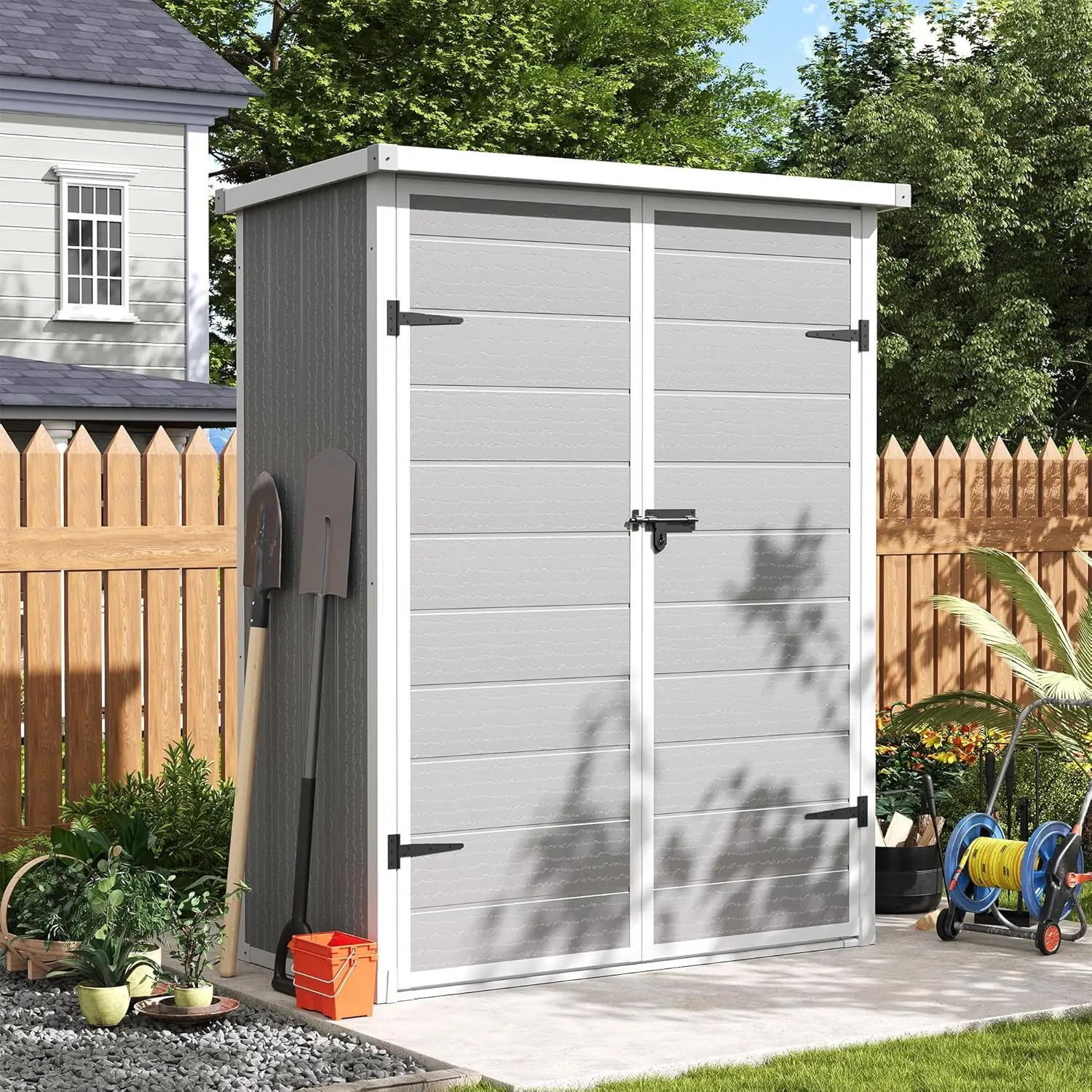 

47 Cu Ft Vertical Storage Shed, Outdoor Resin Shed with Floor, Waterproof Weather Resistance Plastic Cabinet, Lockable Doors for