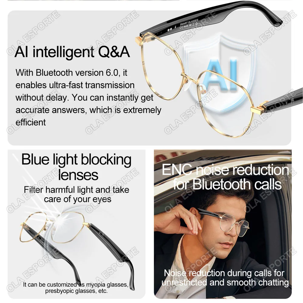 AI Smart Glasses Intelligent Realtime Language Translator Bluetooth Wireless Headphone AI Chat Anti-blue light glasses Men Women