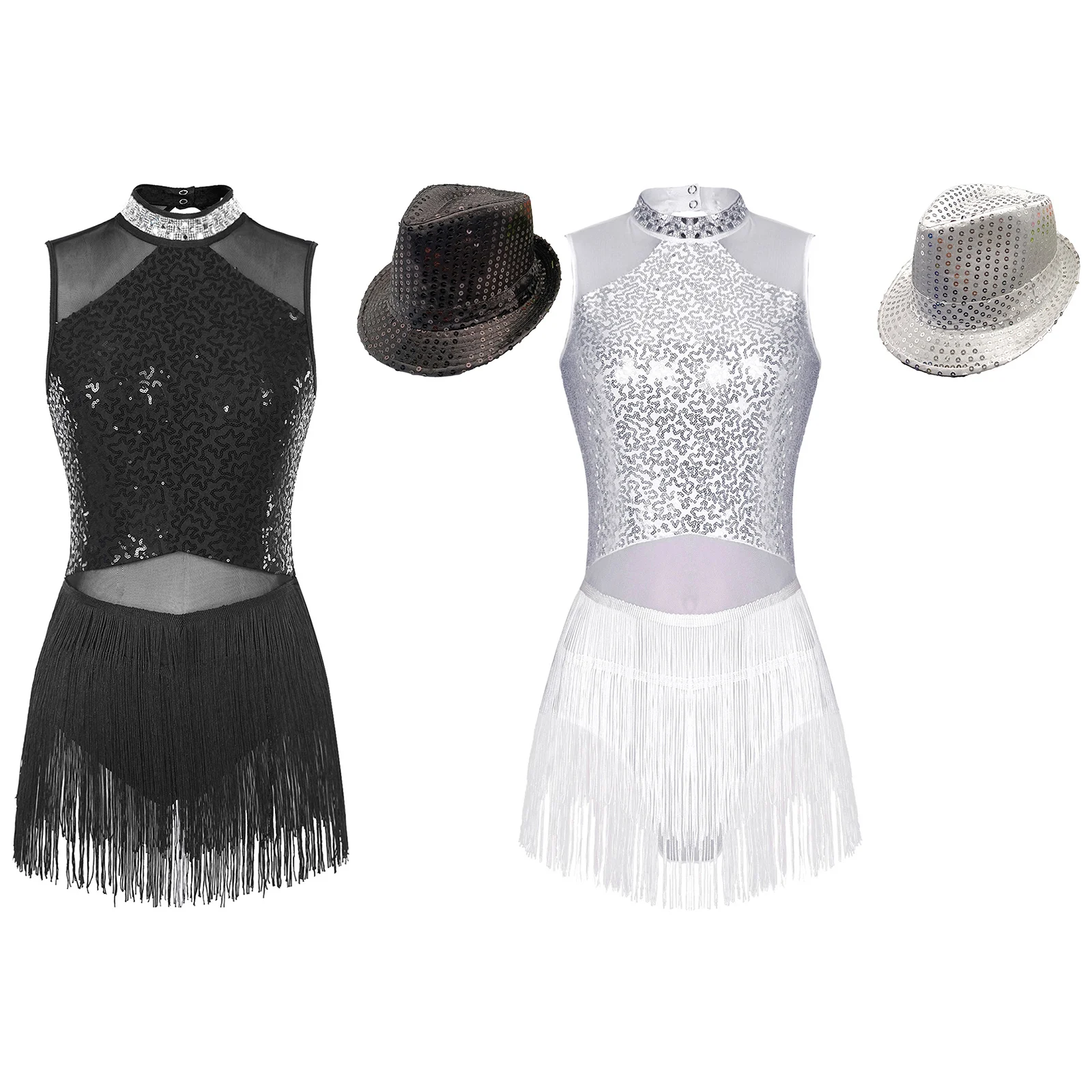 Womens Fringed Leotard Mesh Patchwork Sequined Latin Dance Bodysuit with Hat for Tango Cha-Cha Dancewear Gymnastics Jumpsuit