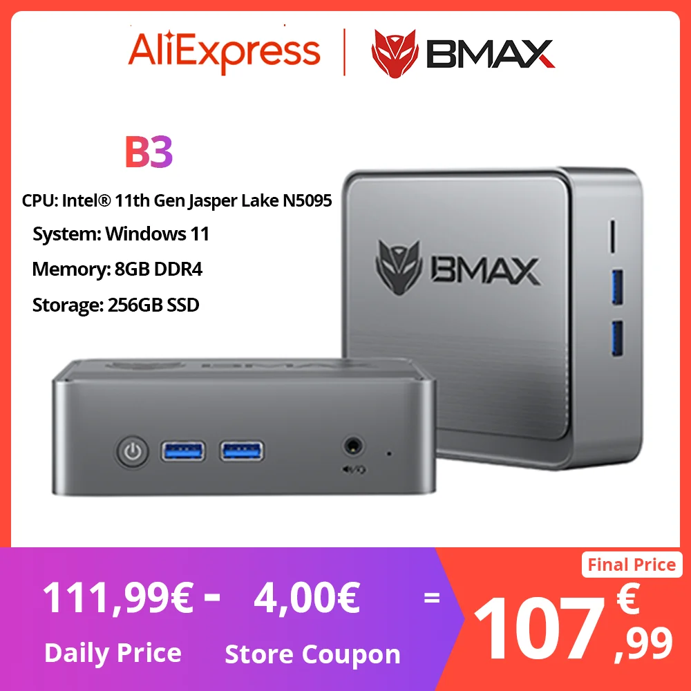 BMAX B3 Mini PC Windows 11 Pro Intel N5095 8GB RAM DDR4 256GB SSD Intel 11th Gen UHD Graphics 1000Mbps Ethernet