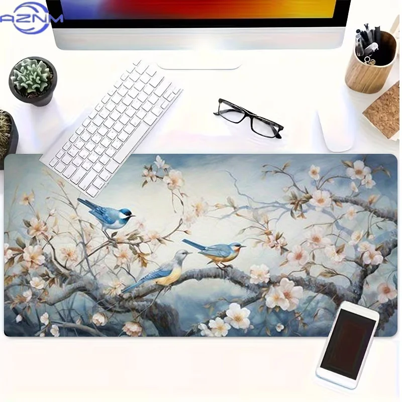 Mouse Pad with Blue Birds & Pink Flowers Design, Rubber Material, Multiple Specifications Available, Ideal for Programmers & Gam