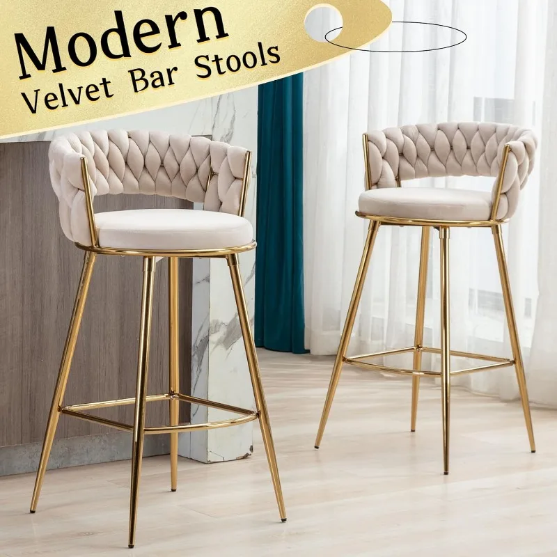 Modern Bar Stools Conjunto de 2, Cadeiras de Veludo Contador, 29 Polegadas de Altura, Assento Confortável, Handmade Tecido, Braço Traseiro
