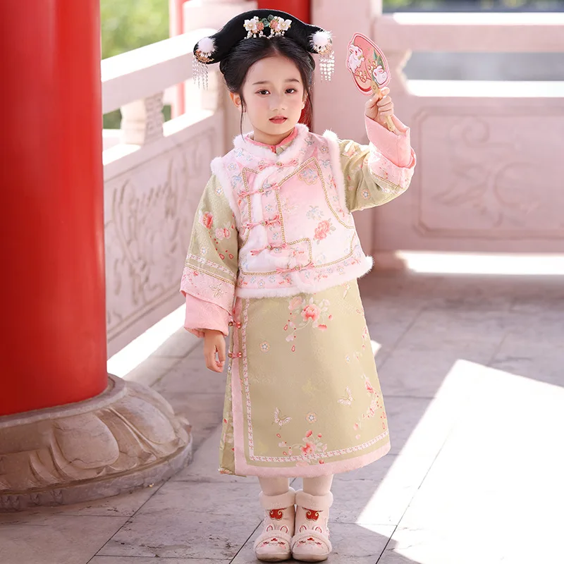 Chinese Hanfu Baby Girls Winter New Warm Princess Qing Dynasty Dress Kids Dance Photography Costume Children New Year Clothes