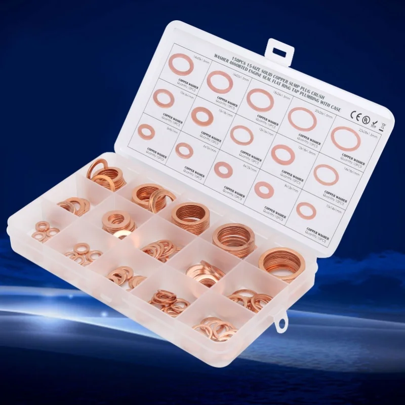 C2 150pcs Flat Sealing Ring Red Copper Gasket O Ring Sealing Gasket Sealing Ring Washer M5/M6/M8/M10/M12/M14 Oil Seal Gasket