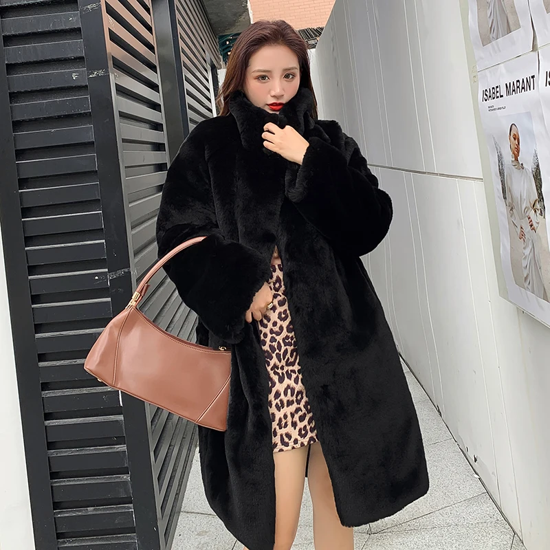 Winter new faux fur mink plush long coat stand-up collar over-the-knee thickened loose coat women