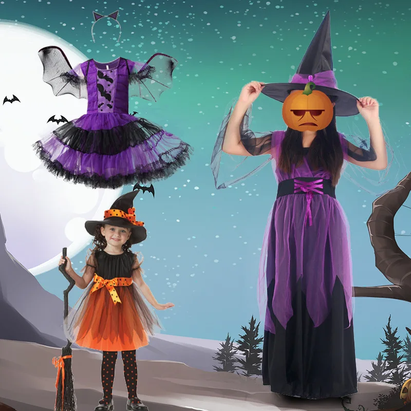 Costume d'Halloween pour Enfants, Robe de Sorcière Cosplay Anime, Ensemble de Robe Citrouille