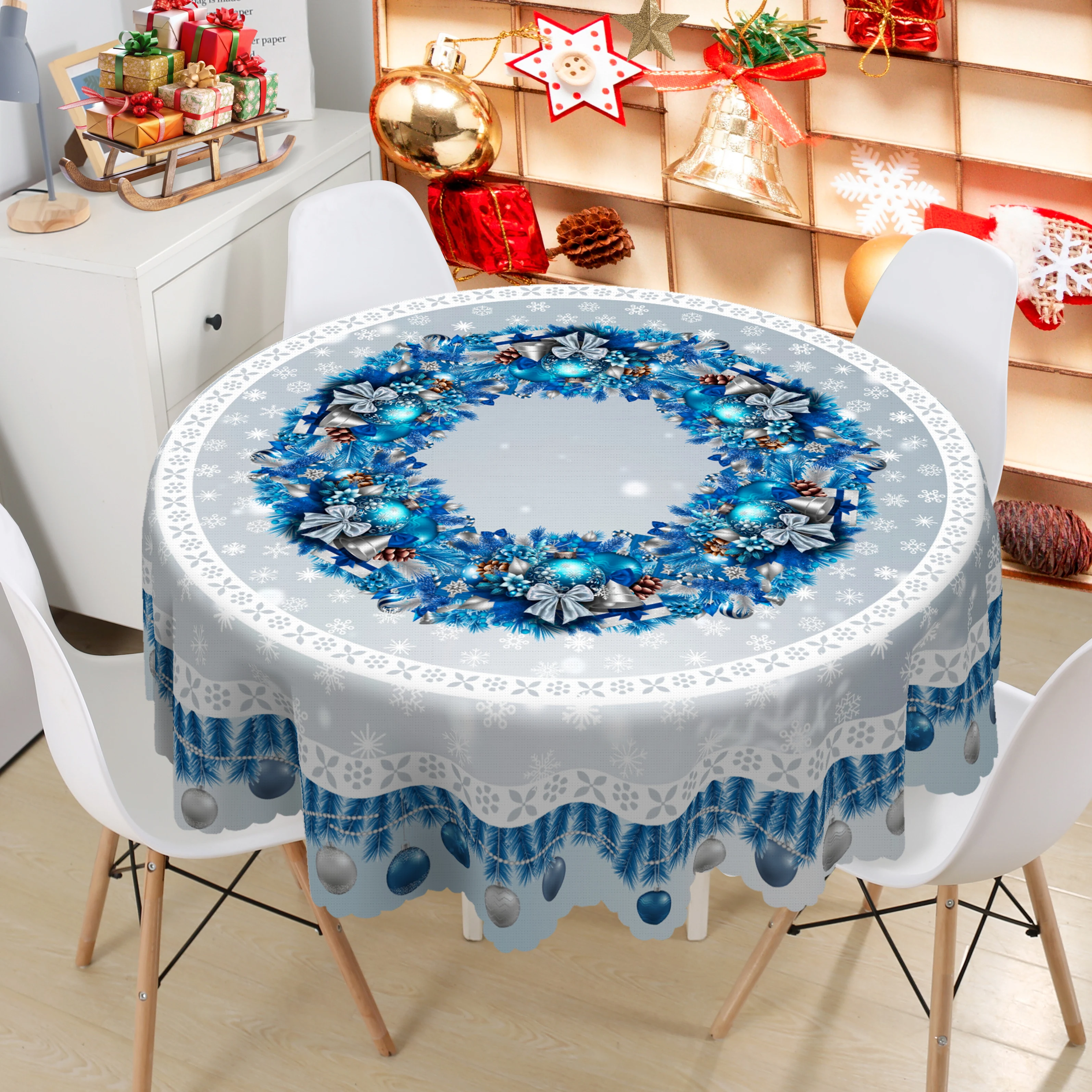1 Piece, Christmas Printed Polyester Tablecloth + 4 Self-Adhesive Stickers, Blue Christmas Balloon, Lantern, Wreath Pattern Print, Embossed Edges, Suitable for Home Kitchen, Living Room Dining Table, Balcony Coffee Table, Holiday Party Table Decoration, Outdoor Picnic Decoration, Coffee Table Decoration Tablecloth Table Cover, Perfect Gift, Autumn and Winter Tablecloth Decoration, Christmas Decorative Tablecloth-T010