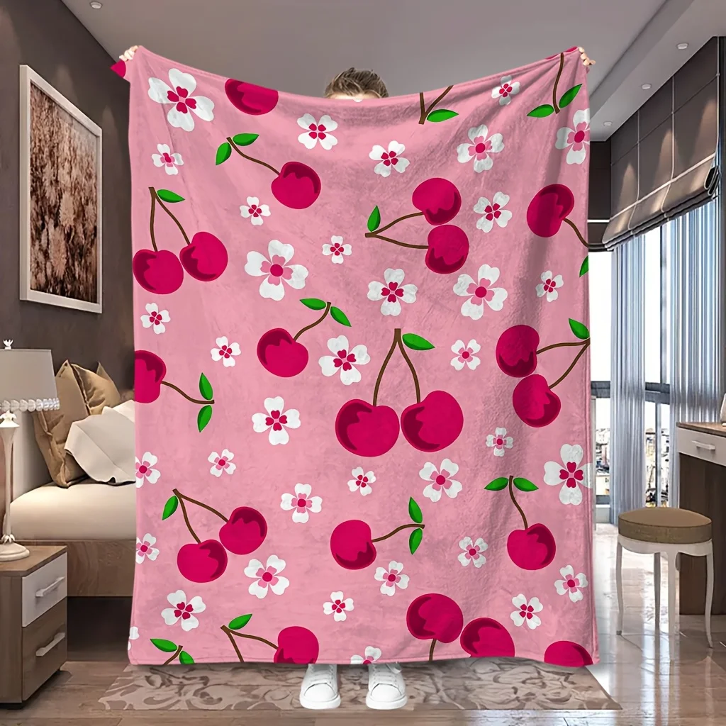 1pc Pink Background Red Cherry Fruit Cute Print Flannel Blanket, Comfortable And Portable, Suitable for Blankets, Bed Covers, Be