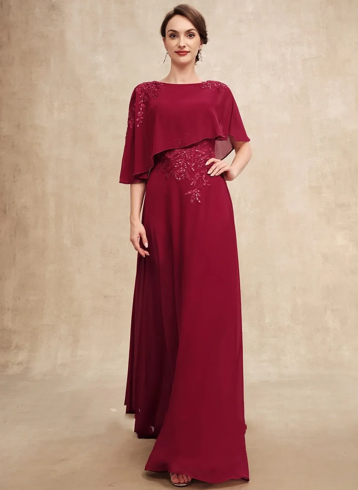 

Elegant Burgundy Mother of the Bride Dress A-line Floor-Length Chiffon Lace Beading Sequins Wedding Guest Party Gowns for Women