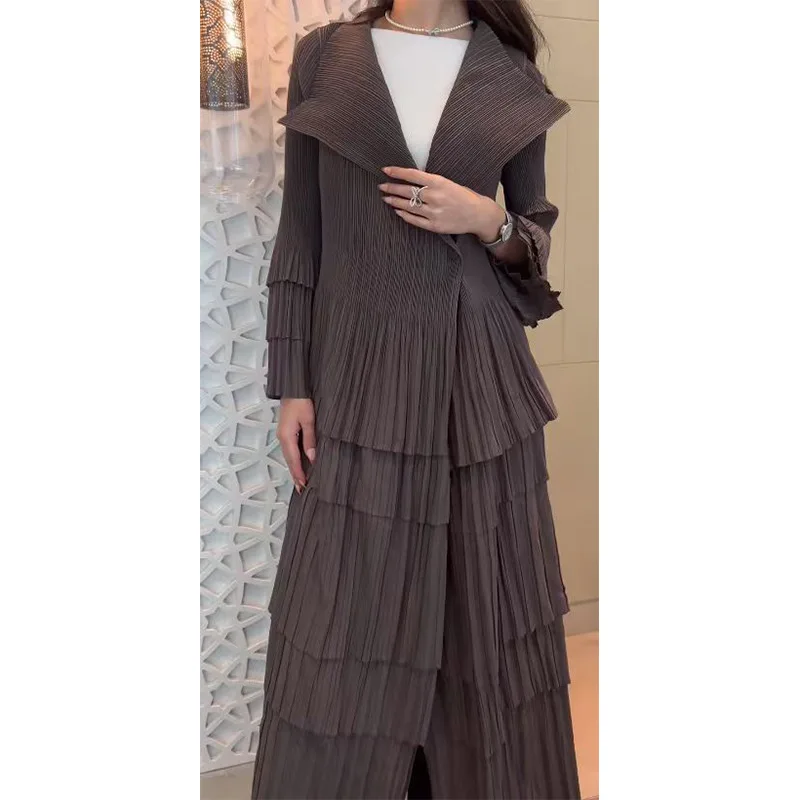 

Pleated Ruffled Lace Robe Autumn/Winter New Foreign Trade Long Suit Collar Long Coat Foreign Style Gray Women's Fashion Trend