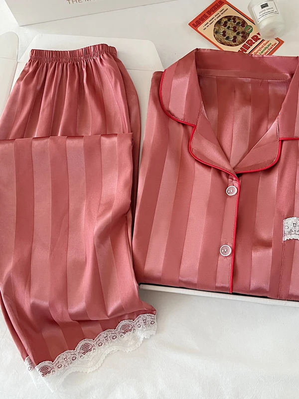 

Spring Summer Autumn Fashion Lace Trim Sleepwear Women's Ice Silk Thin Elegant Short Sleeve Long Pants High End Home Clothes Set