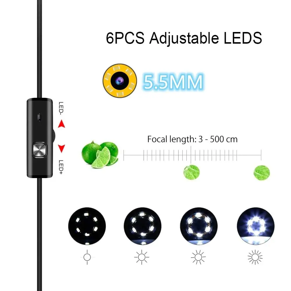 USB Industrial Endoscope 6 LED Lights 5.5mm Probe IP67 Waterproof Pipe Inspection Camera for Measuring Pipes Underwater Viewing