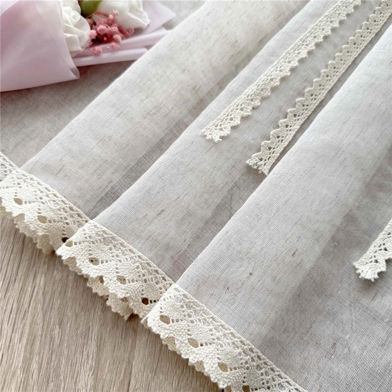 French Romantic Beige Bow Short Sheer Curtain with Crochet Lace Bottom Rod Pocket for Kitchen Living Room Bedroom Home Decor