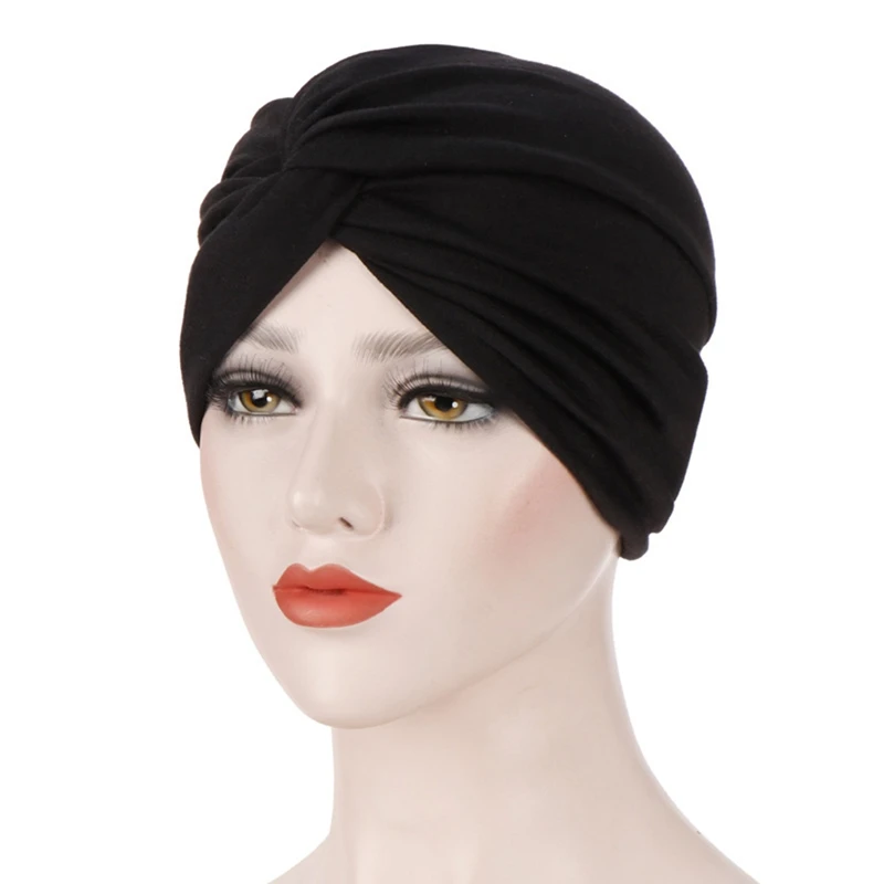 

Muslim Bonnet Hijabs Solid Color Turban Hats Women Cross Head Scarf Breathable Soft Headwrap Simple Chemo Cap Female Hair Cover