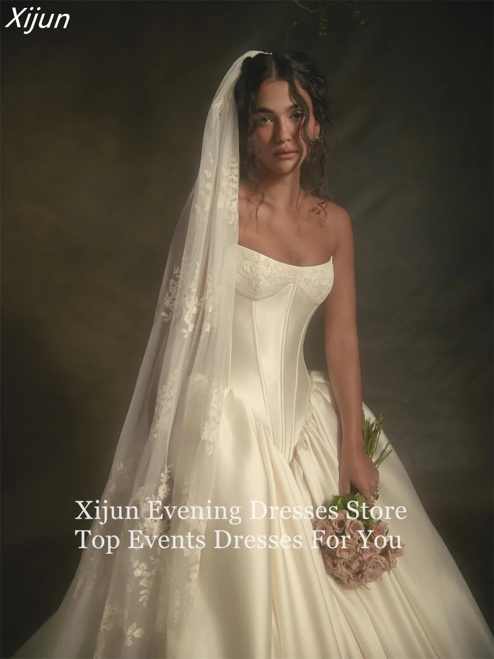 Xijun Elegant Satin Ball Civil Wedding Dress Strapless Sleeveless Women's Wedding Dresses Embroidery Bridal Gown 2026 Customized