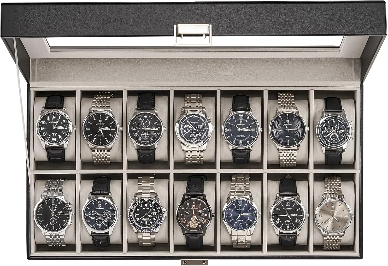 

Коробка для часов на 14 мест со стеклянной крышкой для мужчин и женщин, черный органайзер-витрина — идеальный подарок на день рождения или День святого Валентина