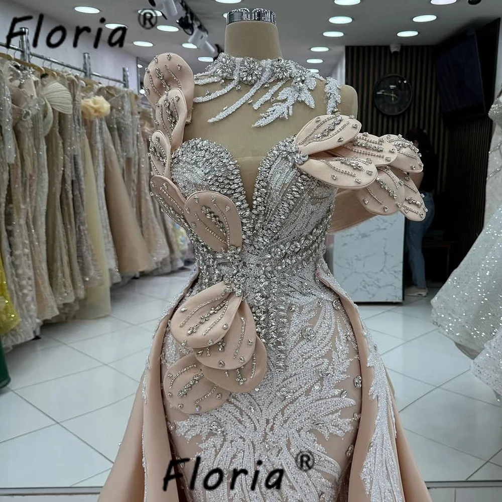

New Champagne Dubai Crystals Mermaid Evening Dress Beaded Leaves 3D Prom Gown With Detachable Customized Long Party Dresses 2025
