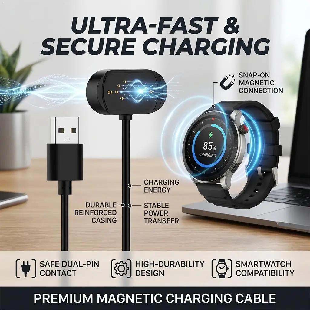 100cm Magnetic Charging Cable For Amazfit GTR 4 4 Pro GTR3 GTS3 T-Rex 2 Ultra Cheetah Pro Smart Watch Charger Cord Black