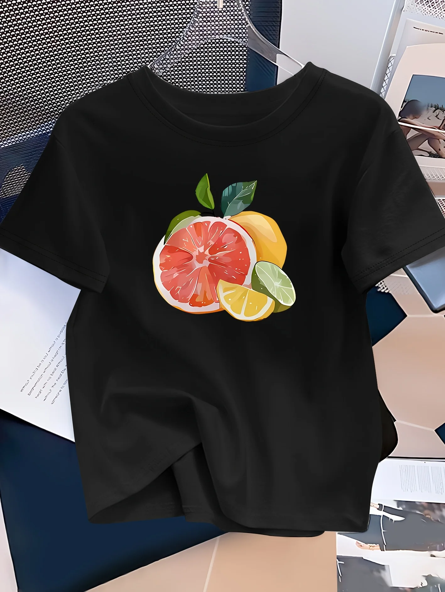 Camiseta informal elegante con estampado de pomelo para mujer, Top blanco de manga corta con cuello redondo y patrón de cítricos brillantes, ropa informal juguetona