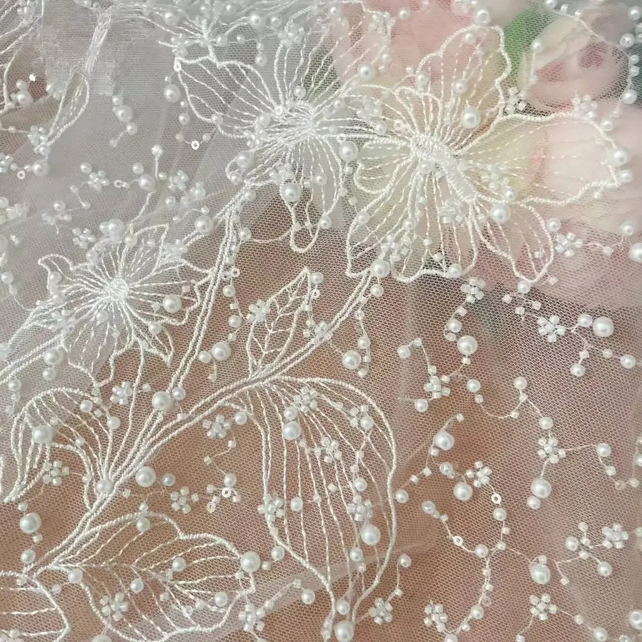 

Pearl Beaded Sequin Wedding Dress Bridal Big Flower Lace Fabric . Rayon Embroidery .DIY Weeding Dresses Sewing Accessories