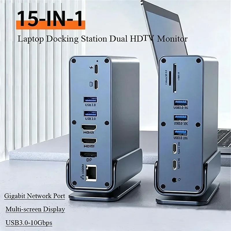 Vertical Docking Stations 15-in-1 USB TYPE C Hubs with Triple Monitor HDMI-compatible 4K60Hz/RJ45 1000M/USB3.0/PD100W