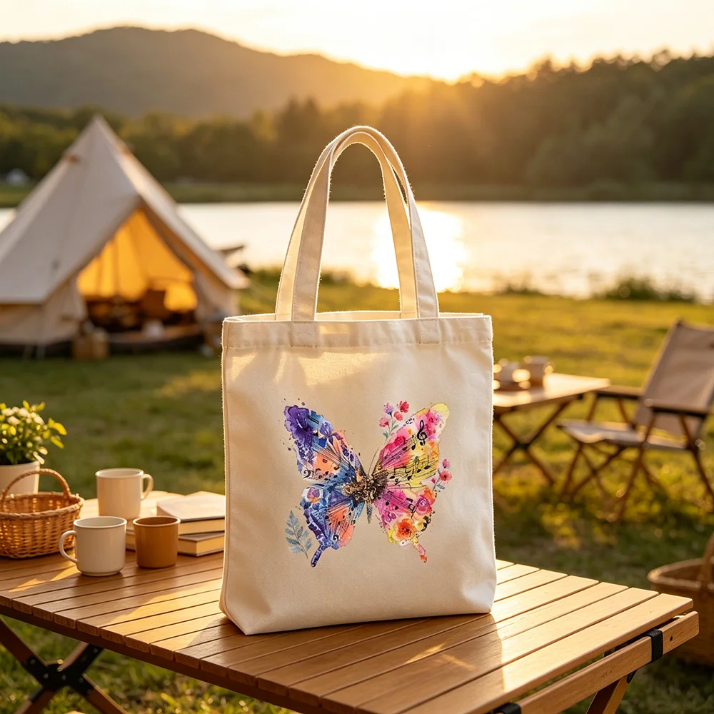 Watercolor Music Butterfly Canvas Tote Bag Floral Musical Note Butterfly Print Reusable Shopping Shoulder Bag Birthday Gift.