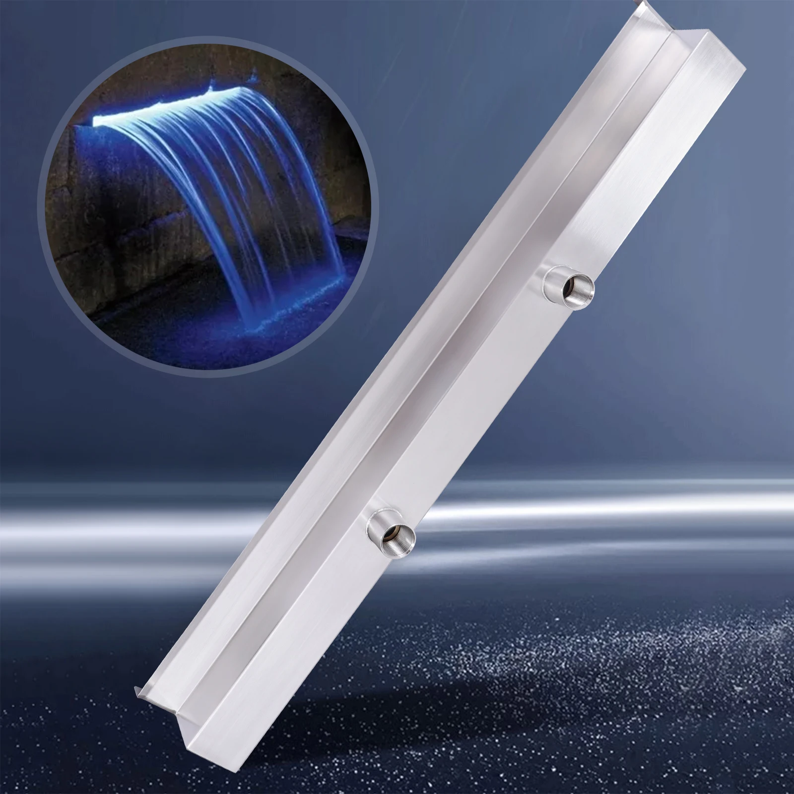35.4" Pool Fountain Stainless Steel Pool Waterfall w/Blue Color LED Strip Light Waterfall Spillway Rectangular Garden Outdoor