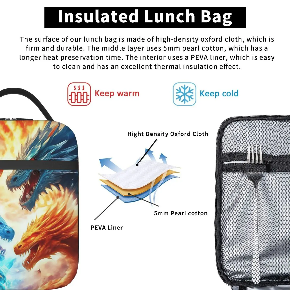 Colorful Mythical Dragon Print Insulated Lunch Bag for Women Children Portable Food Boxes Thermal Lunch Box Tote