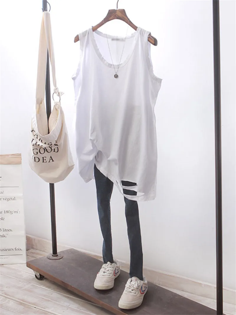 

Модный однотонный женский топ без рукавов миди, больших размеров, повседневный, с круглым вырезом, с перфорацией, из хлопка, в корейском стиле, летний