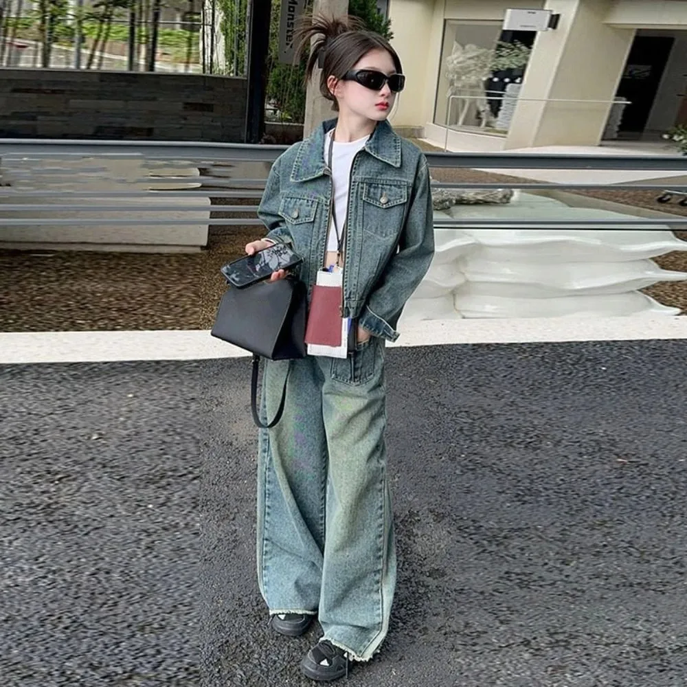 

Свободный детский ковбойский комплект Y2K, свободные джинсовые куртки для подростков, костюм в стиле ретро, широкие брюки, комплект одежды для девочек, детский комплект