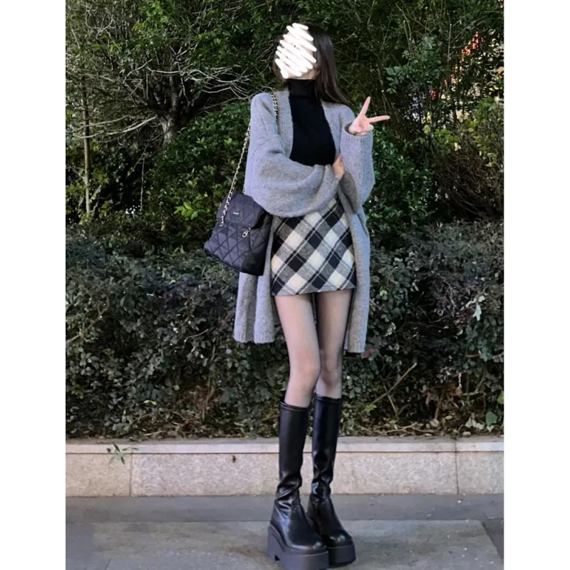

2025 Fall Winter Casual Gray Sweater Cardigan Bottoming Shirt Mini Skirts 1 or 3 Piece Set Women Knit Coat Top Plaid Skirt Suit
