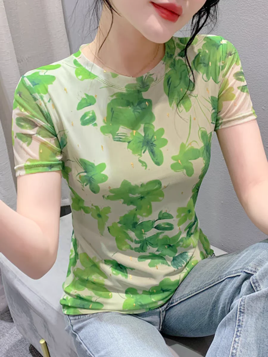 Printed Floral High Stretch Bronzing Mesh T-shirt Lady Short Sleeve O Neck Slim Top Women Summer Simple T Shirts