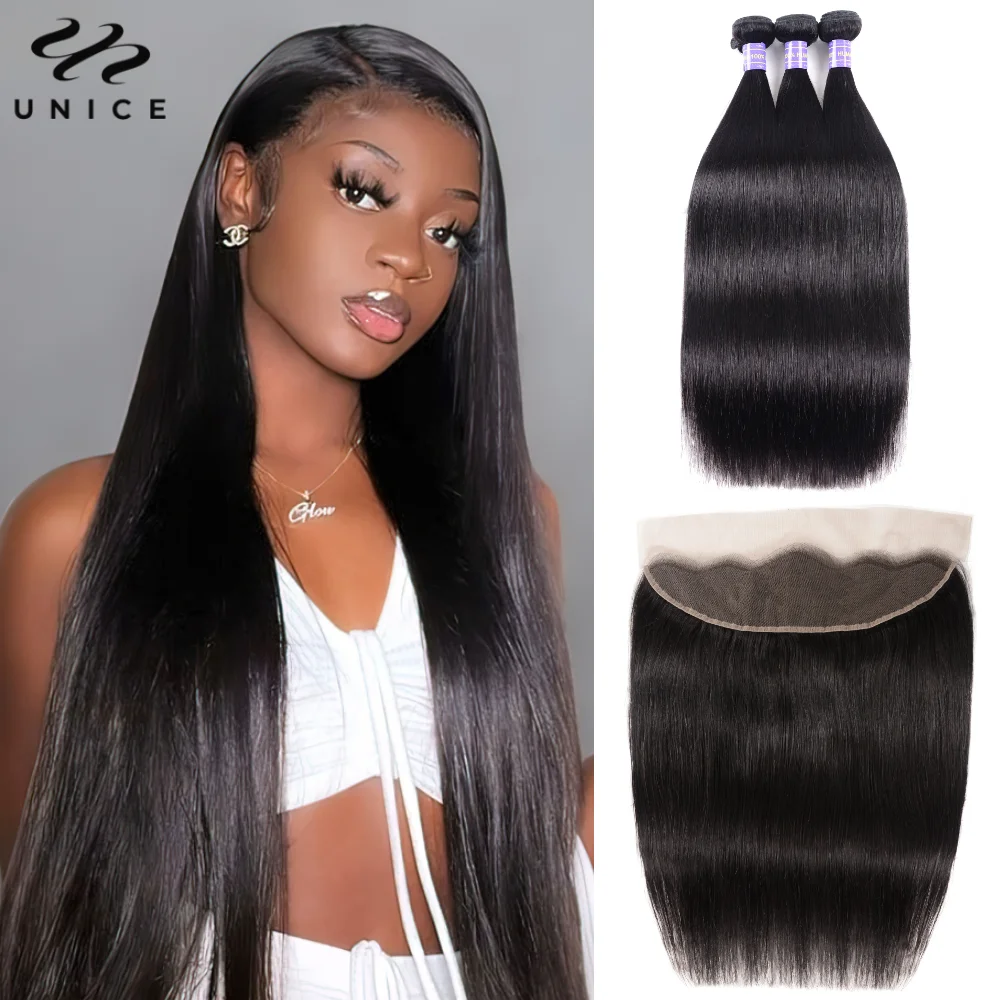 

Unice Straight Bundles Human Hair 3/4 Bundles With 13x4 Lace Frontal 8A Grade 100% Human Hair Lace Frontal Closure With Bundles