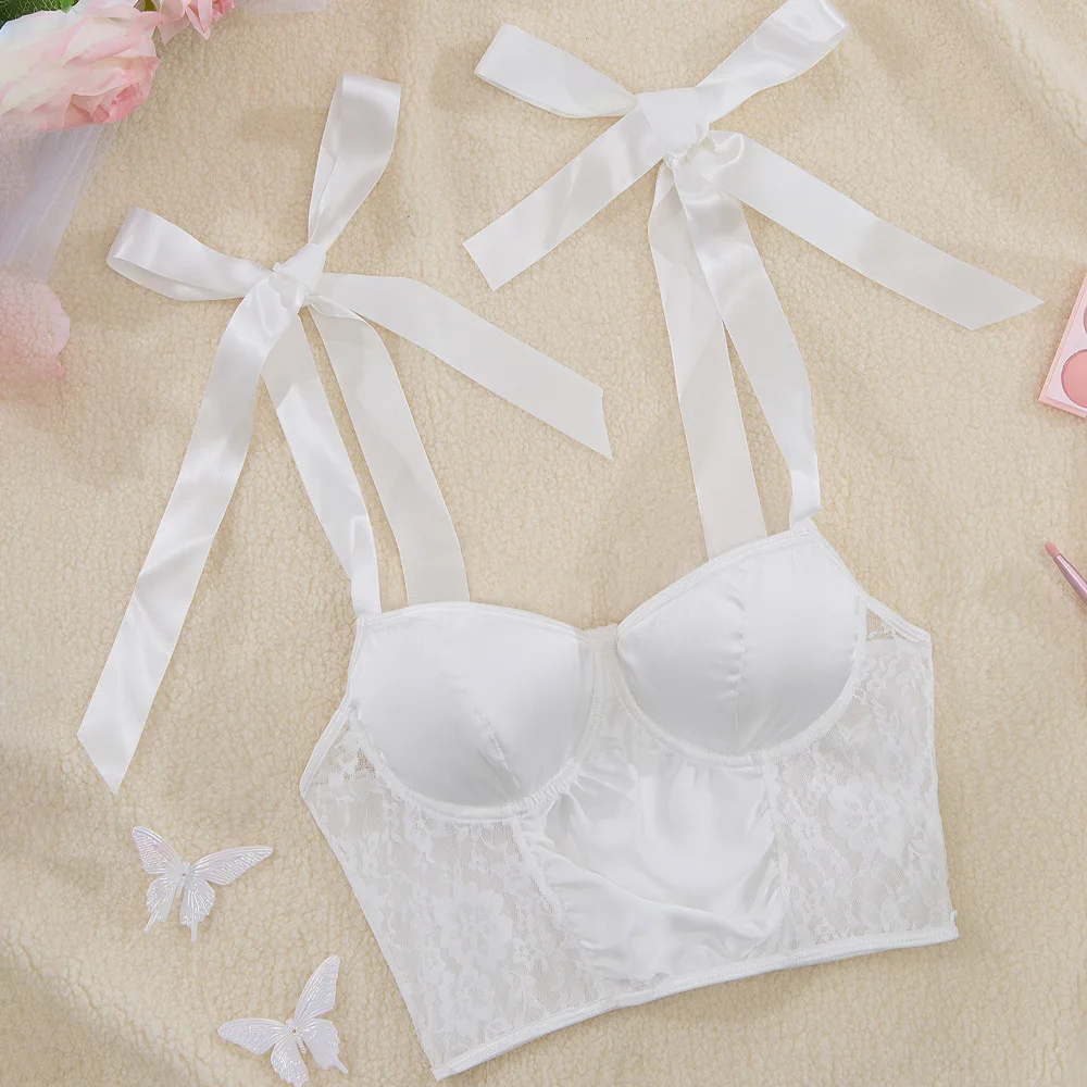 One-piece underwear erotic lingerie splicing water-soluble lace white satin vest bra with padded bow tie top