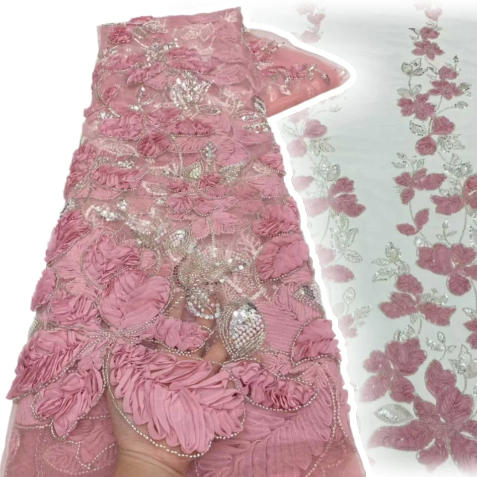 

3D African Handmade Sequins Net Pearls Lace Fabric French Heavy Beaded Tulle Lace Fabric for Bridal Party Dress Material SZ1486