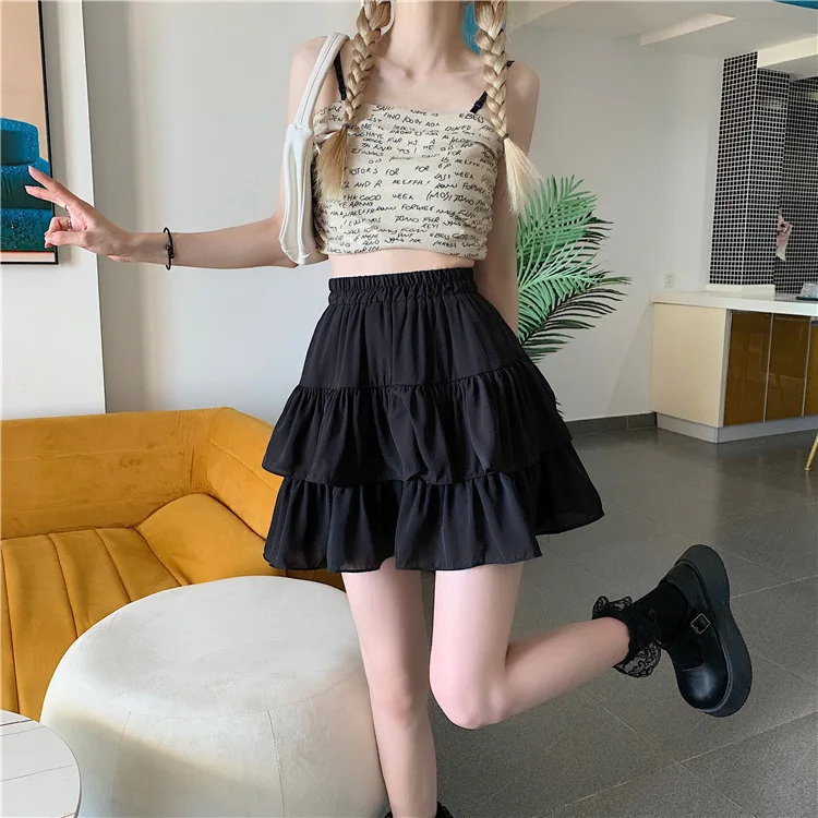 Pleated A-line Skirt White Women Ruffles Sweet Hottie Preppy Style Elastic Elastic Waist Slim Thin SimpleCasual Summer Wholesale