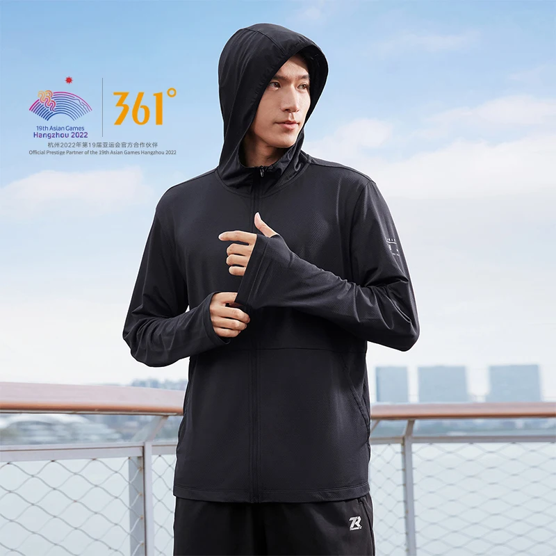 361 Degrees Men's Jacket Ice Silk Thin Section Breathable Sunscreen Hooded Casual Windproof Comfortable Top Male Black 652324604