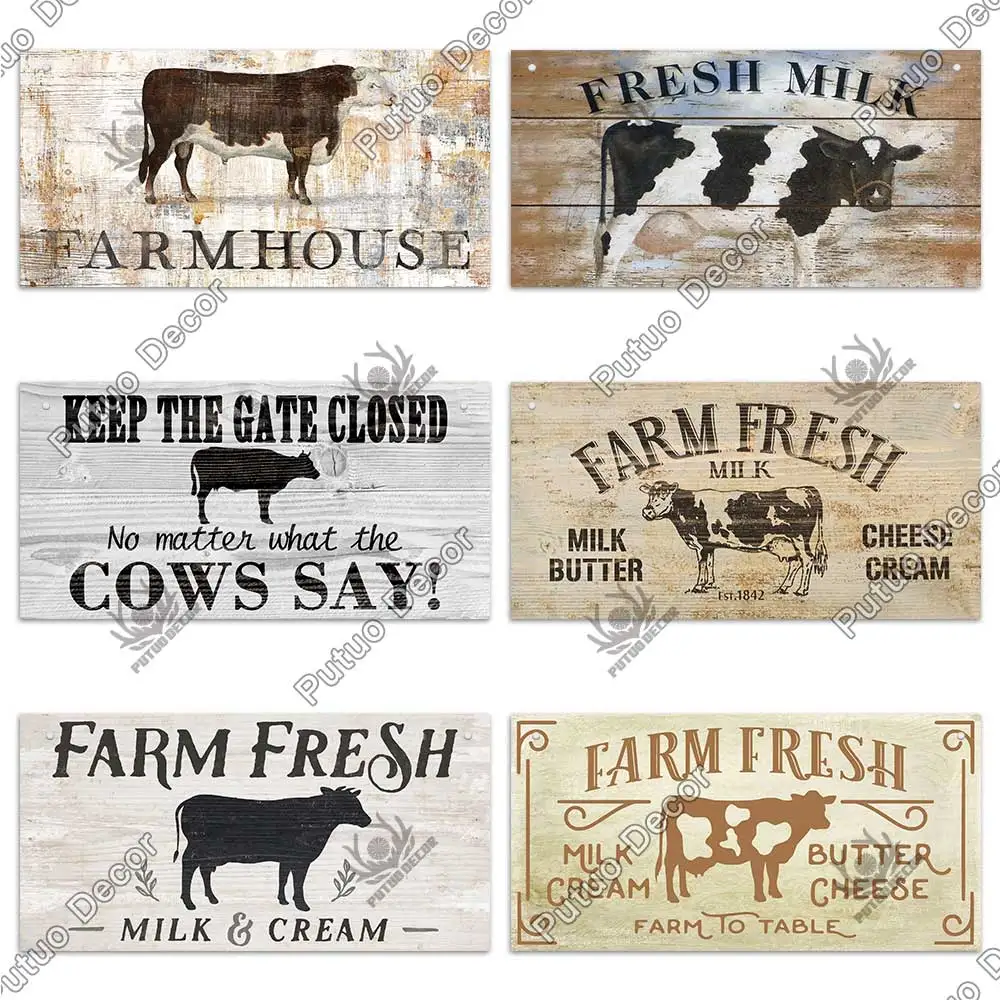 Putuo Decor Cow Wooder Sign Hanging Plaque Farmhouse Sign Decorative Plaque for Farm House Decor Cowshed Decoration Fresh Milk