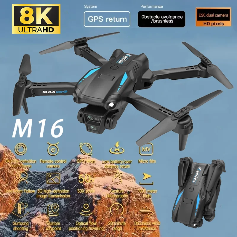 M16 Drone 8K HD Dual Camera Brushless Motor Profesional GPS FPV Quadcopter 4-Axis 360° Obstacle Avoidance RC for Beginners Drons