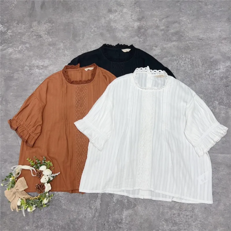 

Johnature Summer New Casual Solid Color Patchwork Shirts 2024 Simple Ruffles Loose Women Tops Blouses