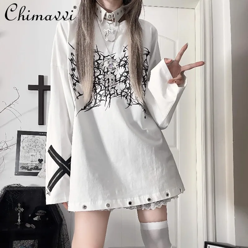 الأصلي طباعة ثقافة فرعية داكنة فضفاضة طويلة الأكمام القطن الخالص تي شيرت اليابانية الشرير القوطية طويلة الأكمام جولة الرقبة فتاة باردة