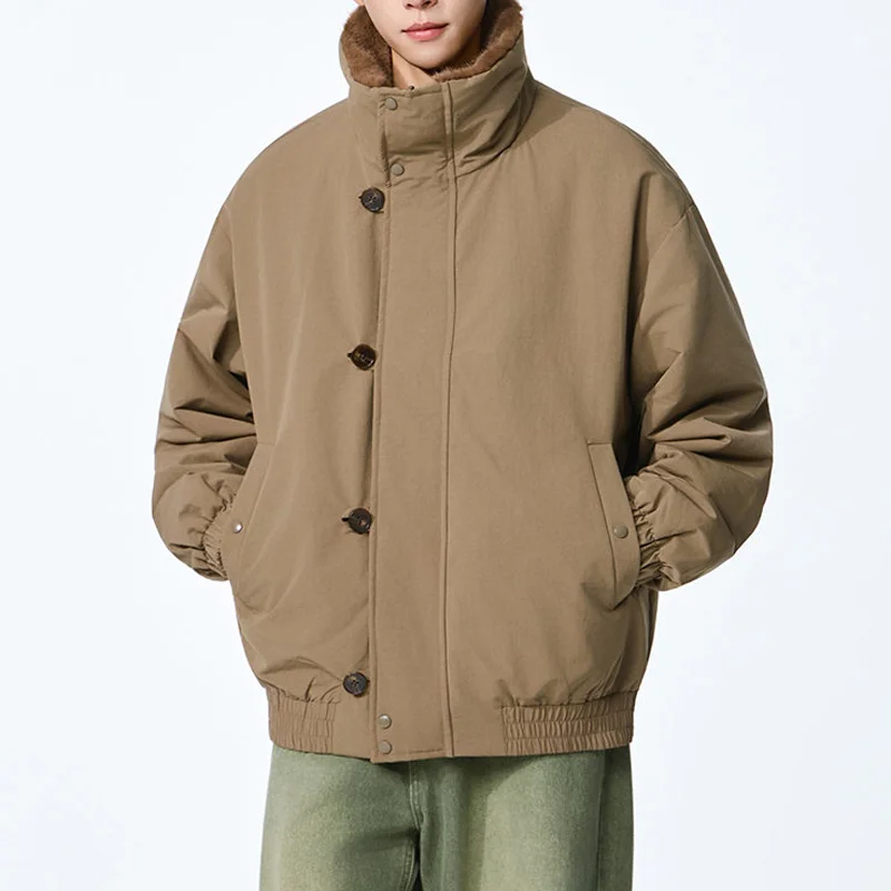 الرجال الشتاء الصوف مبطن مزدوجة الجانب يمكن ارتداؤها رشاقته فضفاضة عادية الدافئة Bomber سترة Cityboy سترات معطف ملابس خارجية #5