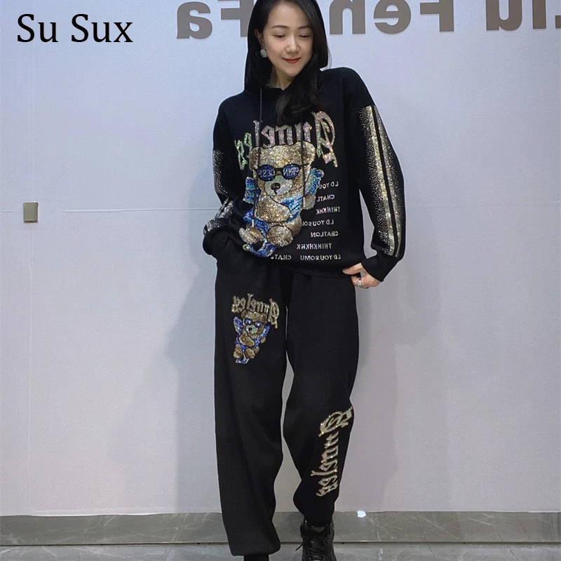 

Casual Cartoon Bear Knitted Hooded Sweatershirts Oversized 2 Pieces Sets Women Knitted Pant Sets Vestidos 2025 Spring Autumn