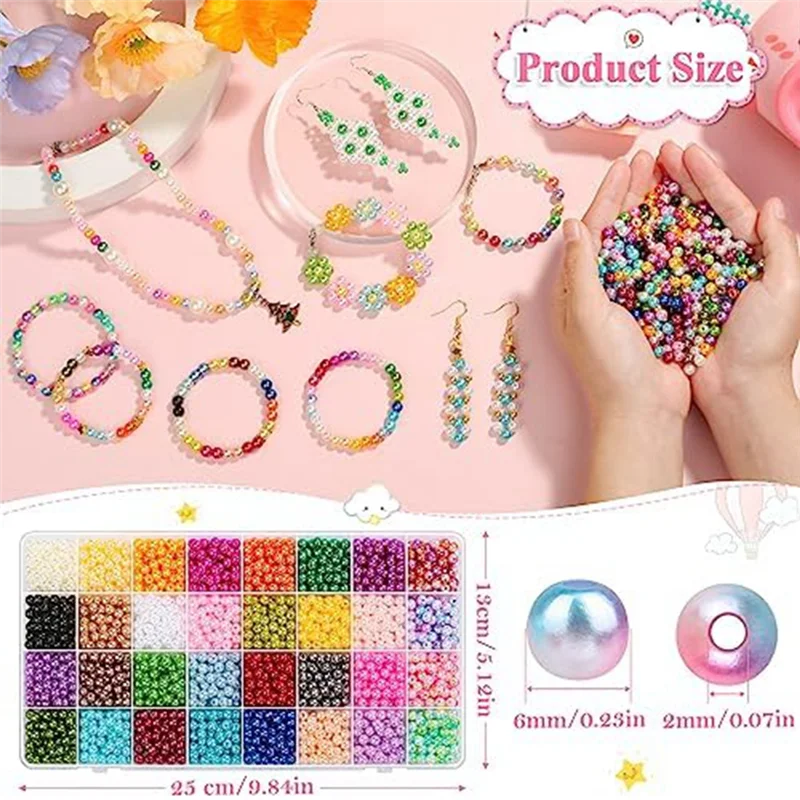 Pearl Beads for Jewelry Making, 32 Colors Round Pearl Beads with Holes, 1920Pcs 6mm Handmade Colorful Loose Beads Small