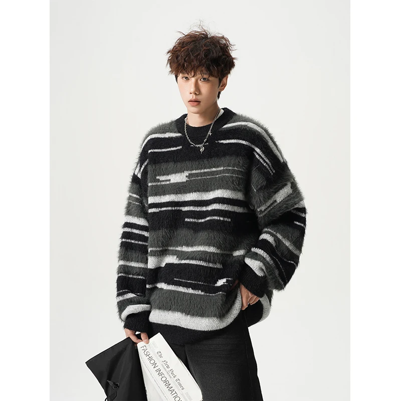 2025 Autumn Winter New Men's Crew Neck Long Sleeve Brown Soft Sweater Loose Casual Daily Striped Black Knitwear
